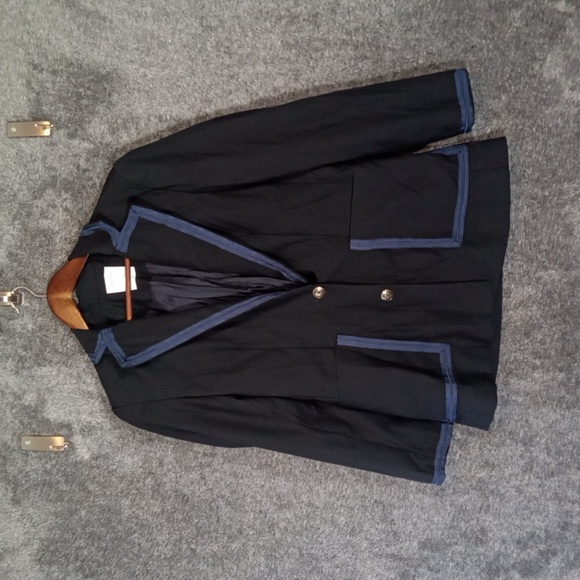 Sandro Blue Blazer with Contrast Trim Old Money Business Preppy Womens 40 - Picture 2 of 16